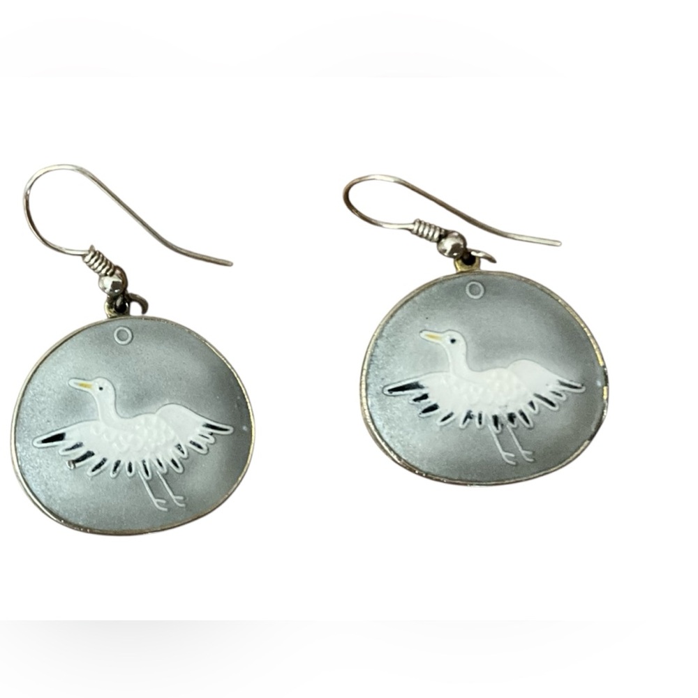 Vintage Enamel Crane Heron Bird French Hook Earrings Gray White Round